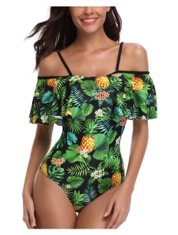 Women's One Piece Retro Ruffle Printed Off Shoulder Slimming Swimsuit