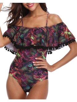 Women's One Piece Retro Ruffle Printed Off Shoulder Slimming Swimsuit