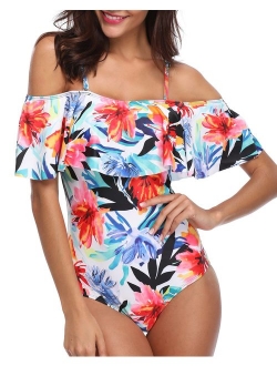 Women's One Piece Retro Ruffle Printed Off Shoulder Slimming Swimsuit