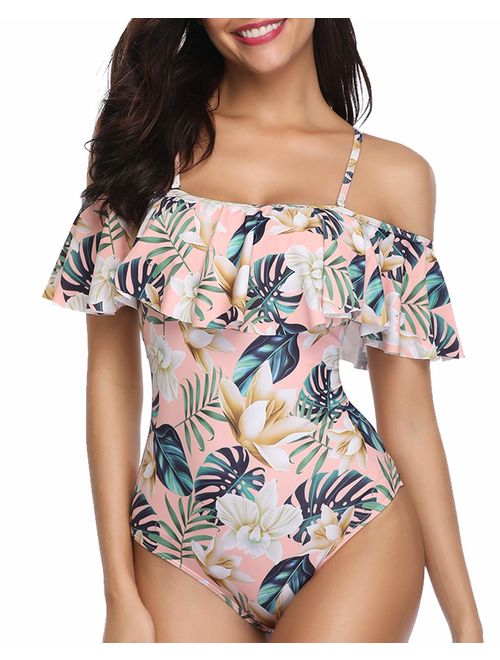 Tempt Me Women's One Piece Retro Ruffle Printed Off Shoulder Slimming Swimsuit