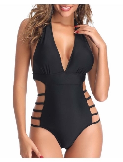 Women One Piece Plunge Swimsuit Bathing Suits High Leg Cutout Swimwear