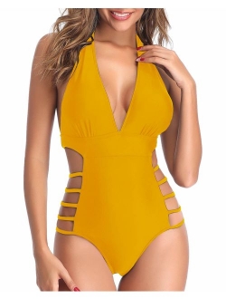 Women One Piece Plunge Swimsuit Bathing Suits High Leg Cutout Swimwear