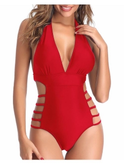 Women One Piece Plunge Swimsuit Bathing Suits High Leg Cutout Swimwear