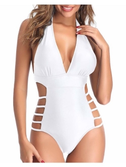 Women One Piece Plunge Swimsuit Bathing Suits High Leg Cutout Swimwear