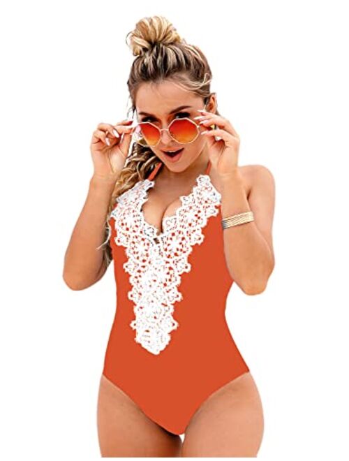 Blooming Jelly Women's Vintage One Piece Swimsuit Lace Tummy Control Halter Swimwear Bathing Suit