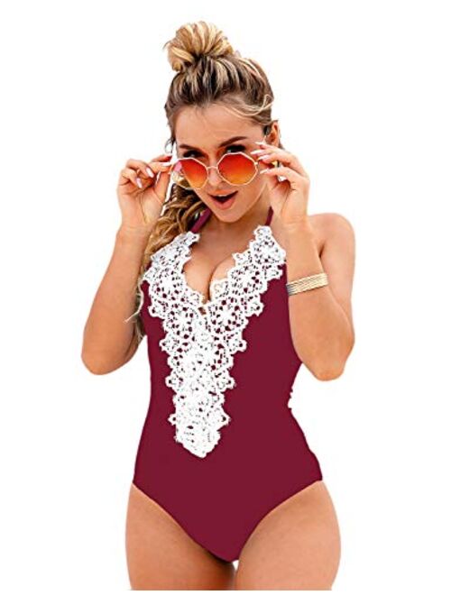 Blooming Jelly Women's Vintage One Piece Swimsuit Lace Tummy Control Halter Swimwear Bathing Suit