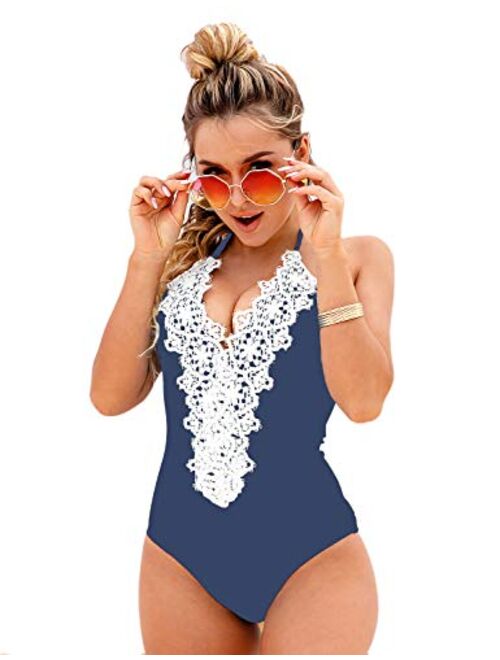 Blooming Jelly Women's Vintage One Piece Swimsuit Lace Tummy Control Halter Swimwear Bathing Suit