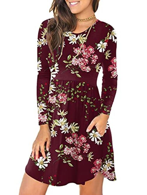 LONGYUAN Women's Long Sleeve T Shirt Dresses Casual Swing Dress with Pockets