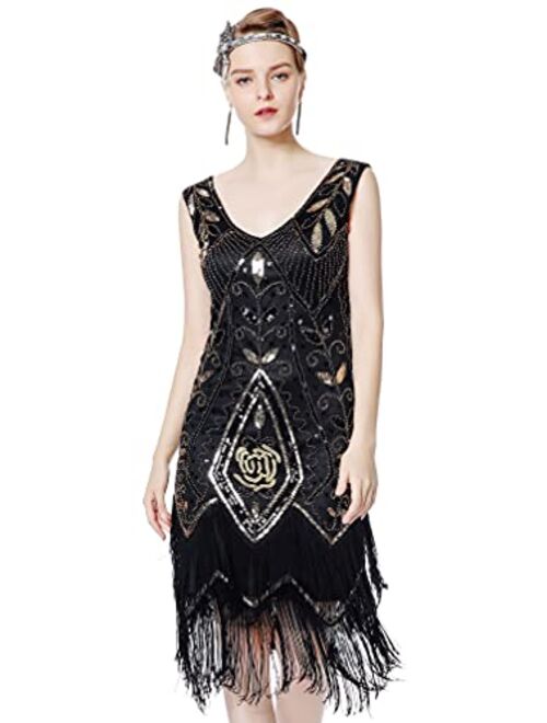 Metme Women's 1920s Vintage Flapper Fringe Beaded Great Gatsby Party Dress