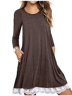 Halife Women's Summer Fall Short Sleeve/Long Sleeve Lace Hem T-Shirt Loose Dress with Pockets