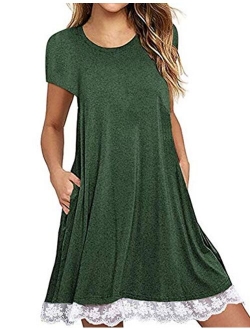 Halife Women's Summer Fall Short Sleeve/Long Sleeve Lace Hem T-Shirt Loose Dress with Pockets