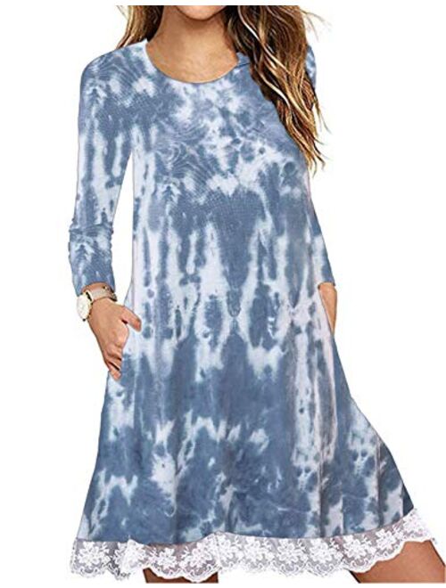 Halife Women's Summer Fall Short Sleeve/Long Sleeve Lace Hem T-Shirt Loose Dress with Pockets