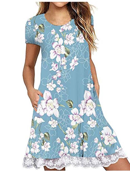 Halife Women's Summer Fall Short Sleeve/Long Sleeve Lace Hem T-Shirt Loose Dress with Pockets