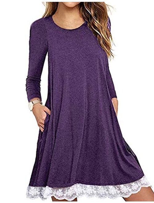 Halife Women's Summer Fall Short Sleeve/Long Sleeve Lace Hem T-Shirt Loose Dress with Pockets