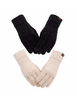 Women's Winter Touch Screen Gloves Chenille Warm Cable Knit Touchscreen Texting Elastic Cuff Thermal Gloves