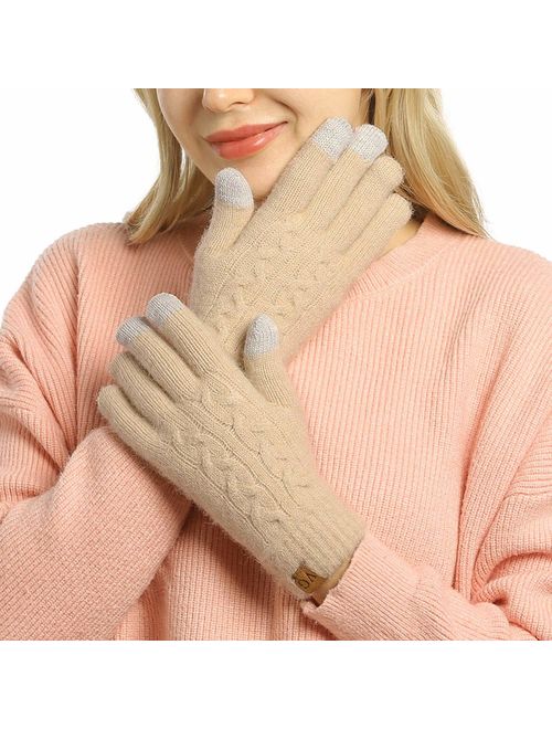 Women's Winter Warm Touch Screen Gloves Cable Knit Wool Fleece Lined Touchscreen Texting Mittens for Women