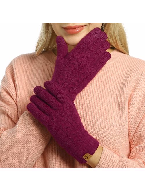 Women's Winter Warm Touch Screen Gloves Cable Knit Wool Fleece Lined Touchscreen Texting Mittens for Women