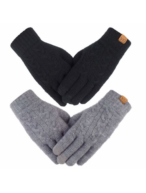 Women's Winter Warm Touch Screen Gloves Cable Knit Wool Fleece Lined Touchscreen Texting Mittens for Women