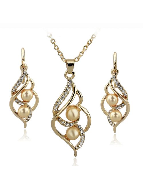 Long Way Crystal Necklace Drop Earrings Set Pearl Jewelry Set Wedding Jewelry for Women