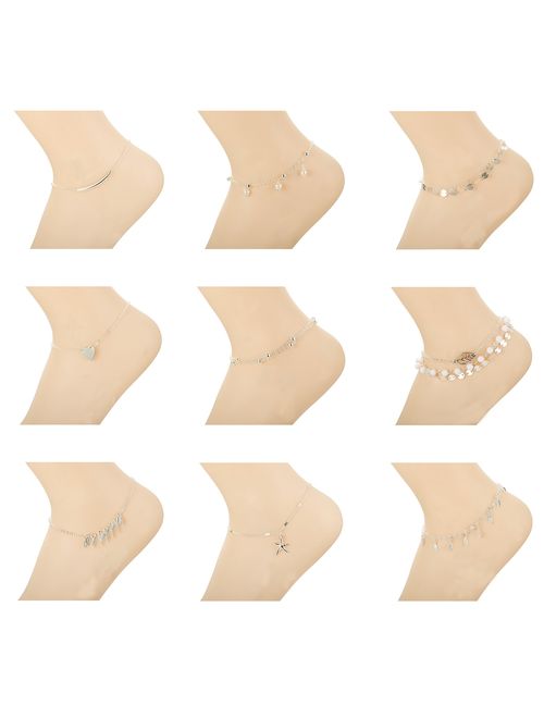 Finrezio 9Pcs Anklets for Women Girls Ankle Chains Bracelets Adjustable Beach Anklet Foot Jewelry Set