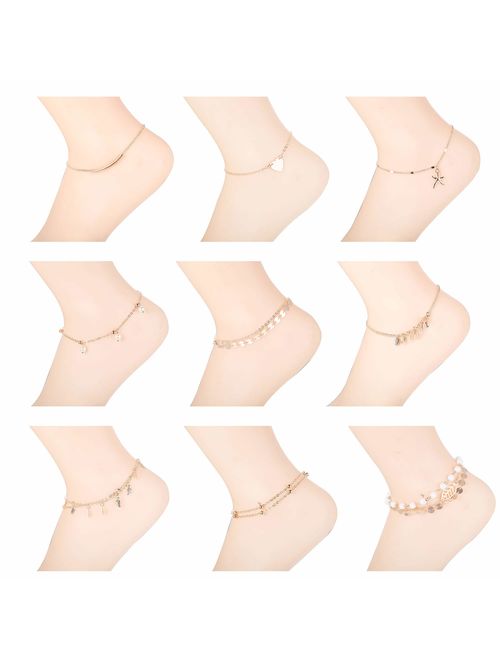 Finrezio 9Pcs Anklets for Women Girls Ankle Chains Bracelets Adjustable Beach Anklet Foot Jewelry Set