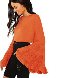 Women's Causal Crew Neck Ruffle Bell Sleeve Solid Blouse Top