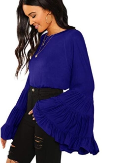 Women's Causal Crew Neck Ruffle Bell Sleeve Solid Blouse Top