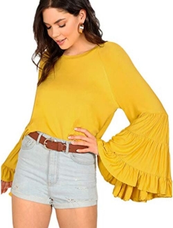 Women's Causal Crew Neck Ruffle Bell Sleeve Solid Blouse Top