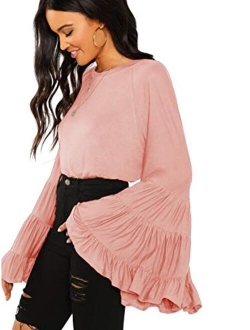 Women's Causal Crew Neck Ruffle Bell Sleeve Solid Blouse Top