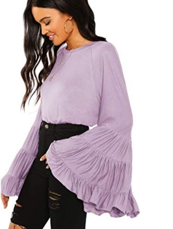 Women's Causal Crew Neck Ruffle Bell Sleeve Solid Blouse Top