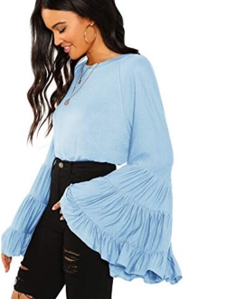 Women's Causal Crew Neck Ruffle Bell Sleeve Solid Blouse Top