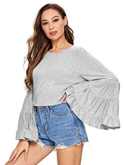 Women's Causal Crew Neck Ruffle Bell Sleeve Solid Blouse Top