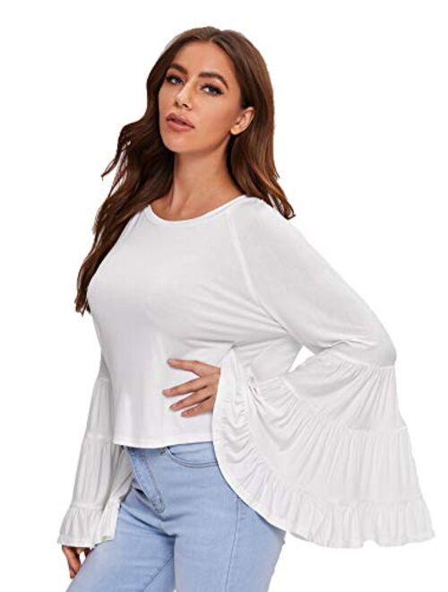 Floerns Women's Causal Crew Neck Ruffle Bell Sleeve Solid Blouse Top