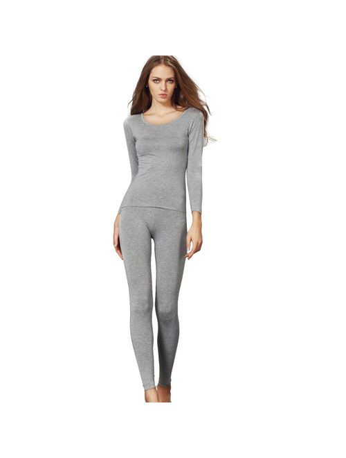 Liang Rou Women's Scoop Neck Long Johns Ultra Thin Modal Thermal Underwear Top & Bottom Set