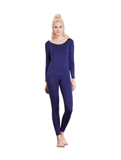 Liang Rou Women's Scoop Neck Long Johns Ultra Thin Modal Thermal Underwear Top & Bottom Set