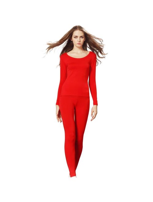 Liang Rou Women's Scoop Neck Long Johns Ultra Thin Modal Thermal Underwear Top & Bottom Set