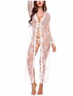 Lingerie for Women Sexy Long Lace Dress Sheer Gown See Through Kimono Robe