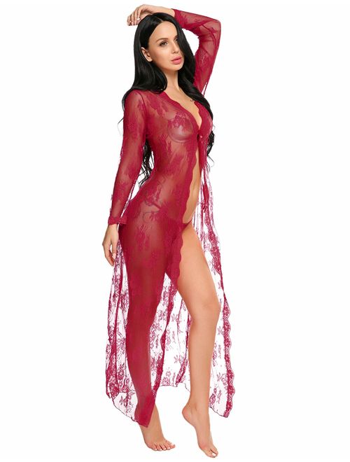 Lingerie for Women Sexy Long Lace Dress Sheer Gown See Through Kimono Robe