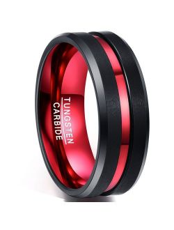 NUNCAD Men's 8MM Black and Red Tungsten Carbide Ring Matte Finish Beveled Edges Size 7 to 16