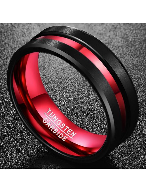 NUNCAD Men's 8MM Black and Red Tungsten Carbide Ring Matte Finish Beveled Edges Size 7 to 16