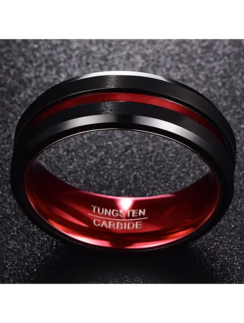 NUNCAD Men's 8MM Black and Red Tungsten Carbide Ring Matte Finish Beveled Edges Size 7 to 16