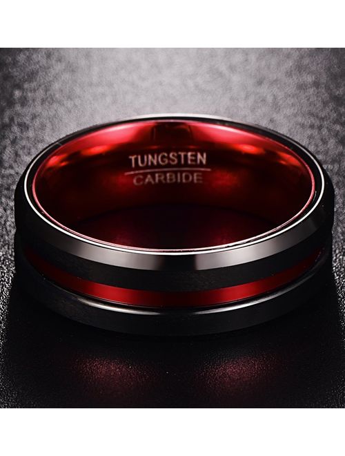 NUNCAD Men's 8MM Black and Red Tungsten Carbide Ring Matte Finish Beveled Edges Size 7 to 16