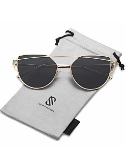 Cat Eye Mirrored Flat Lenses Street Fashion Metal Frame Women Sunglasses SJ1001