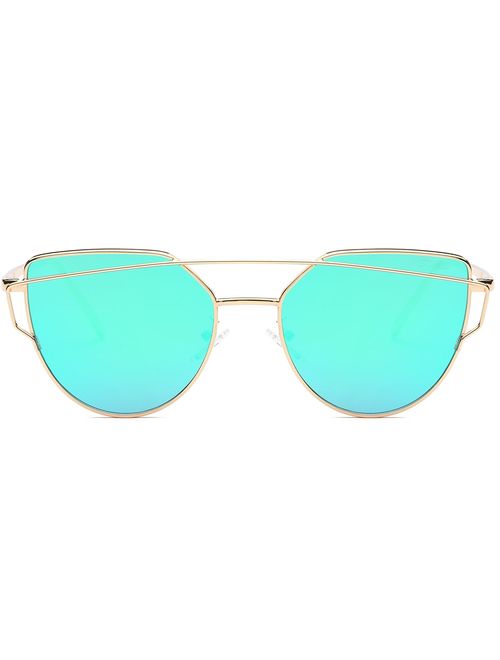 SOJOS Cat Eye Mirrored Flat Lenses Street Fashion Metal Frame Women Sunglasses SJ1001