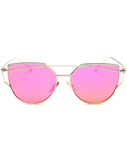 SOJOS Cat Eye Mirrored Flat Lenses Street Fashion Metal Frame Women Sunglasses SJ1001