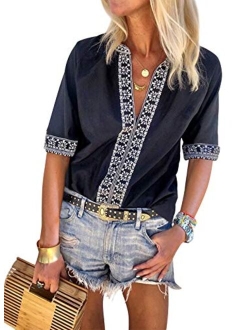 Chase Secret Womens Casual V Neck Shirt Boho Print Short Sleeve Tops Loose Blouse (S-XXL)