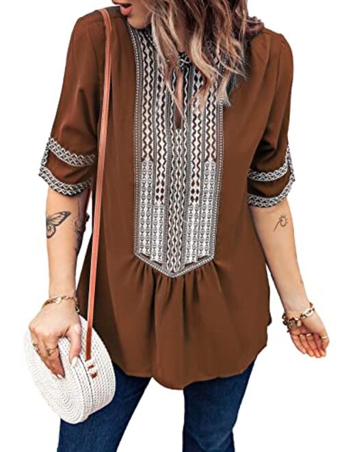 Chase Secret Womens Casual V Neck Shirt Boho Print Short Sleeve Tops Loose Blouse (S-XXL)