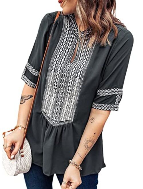 Chase Secret Womens Casual V Neck Shirt Boho Print Short Sleeve Tops Loose Blouse (S-XXL)