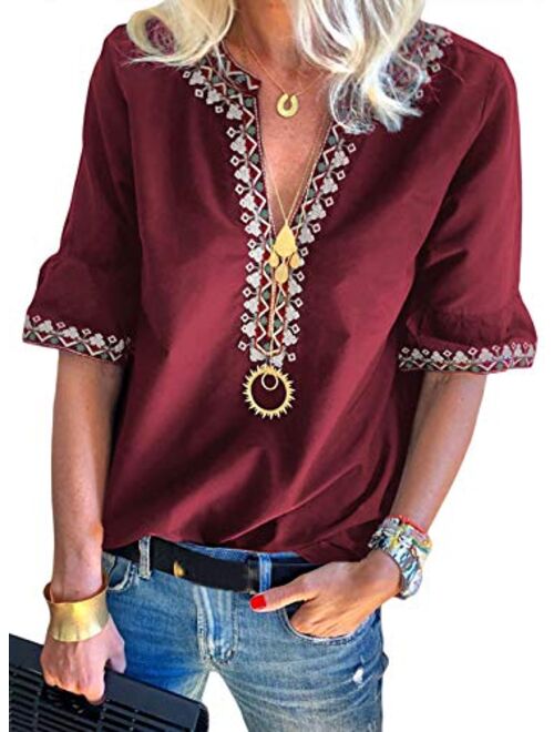 Chase Secret Womens Casual V Neck Shirt Boho Print Short Sleeve Tops Loose Blouse (S-XXL)