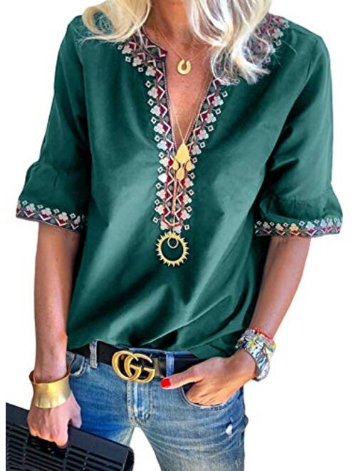 Chase Secret Womens Casual V Neck Shirt Boho Print Short Sleeve Tops Loose Blouse (S-XXL)